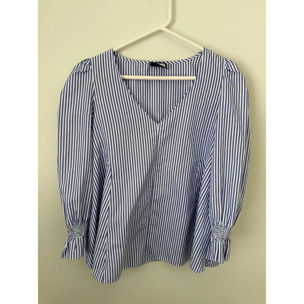 TUCKERNUCK Preppy Nautical Stripes Puff Sleeve Summer Beachy V-Neck Blouse